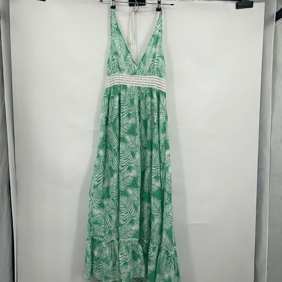 True Destinations Womens Green Leaf Tiered Bohemian Maxi Coverup Dress Small - Picture 1 of 7